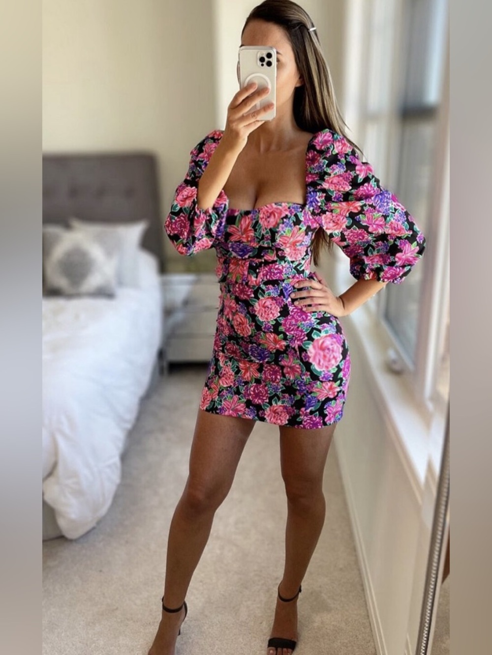 NWT Zara Floral Puff Sleeve Belted Mini Dress Pink Purple S Spring Cocktail